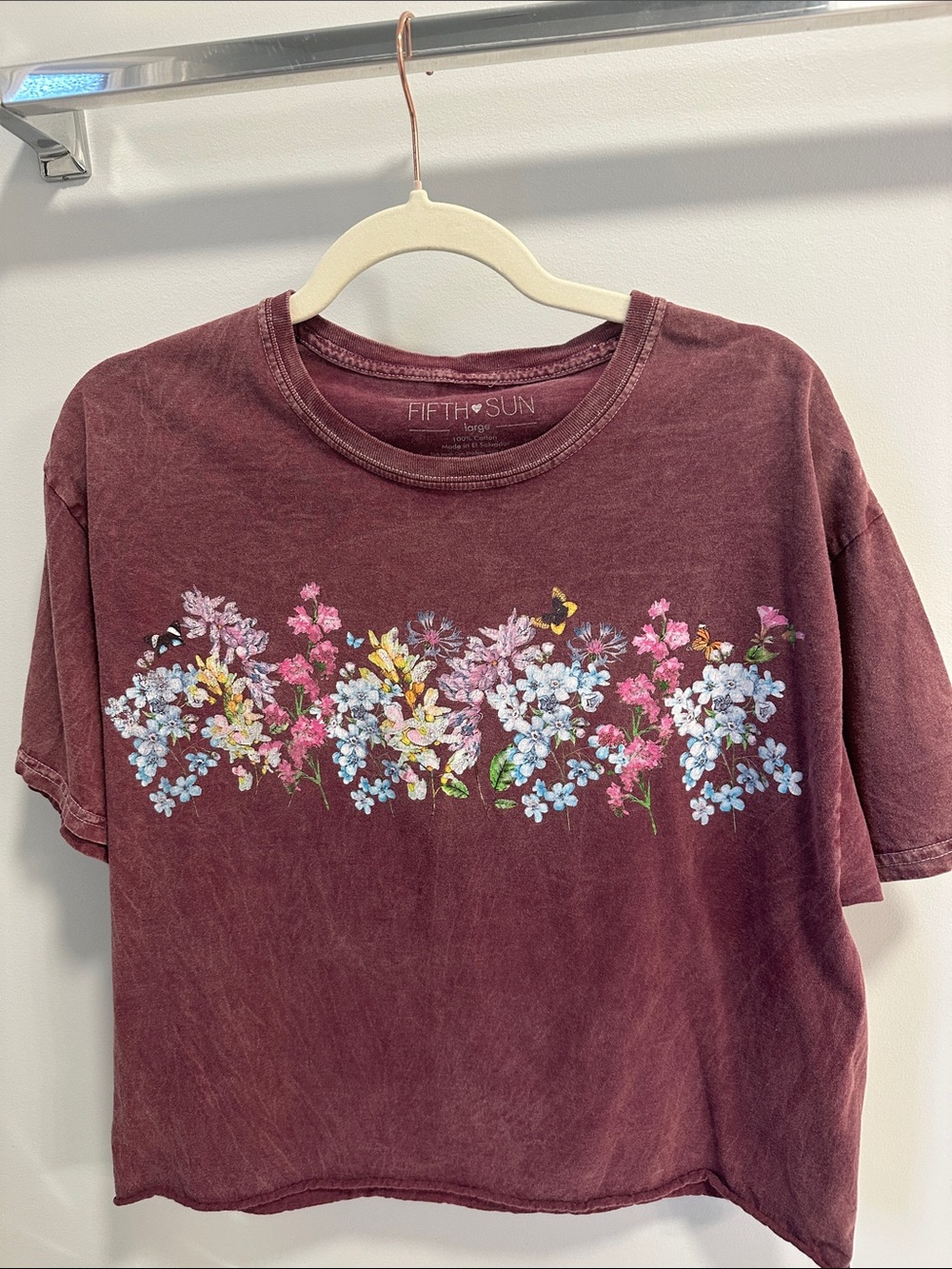 Fifth Sun Burgundy Cropped Tee with Pastel Floral Border